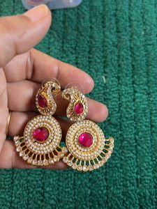 White Pink Stones Drop Ear Ring