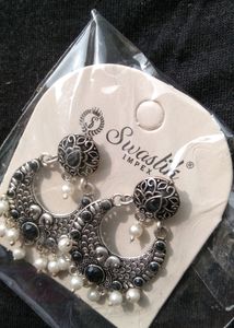 Peacock Oxidised Earrings With Pearl Drops