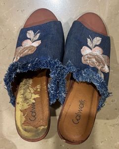 Denim Floral Slides