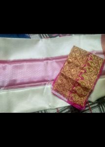 White &amp; Pink Embellished Saree