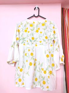 White Top With Yellow And Light Blue Embroidery