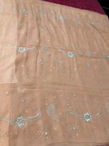 Women Peach Embroidered Georgette Saree