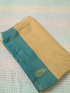 Silk Saree With Blouse , Colour -  Cream &amp; Green Border
