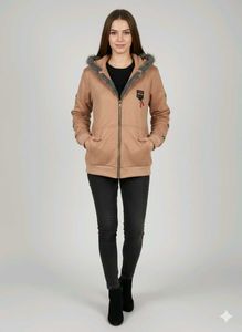 Faux Fur Trim short Hoodie in tan color