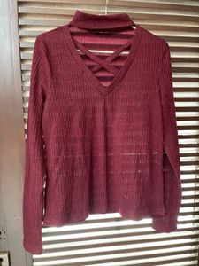 Shein Burgundy Crisscross Mock Neck Top