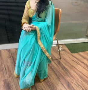 Elegant Aqua &amp; Gold Border Saree