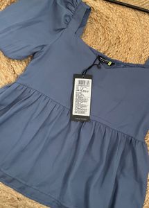 Puff Sleeves Solid Blue Top