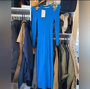 Zara Pointelle Blue Stretch Cold Shoulder Bodycon