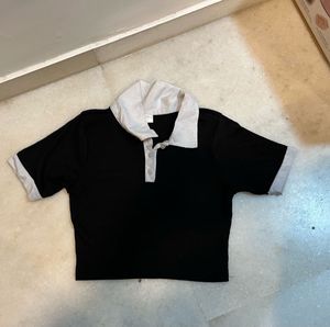 Black & Cream Ribbed Polo Crop Top