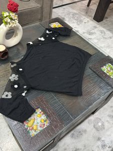 Elegant Black Top With Floral Embroidery Wit Net