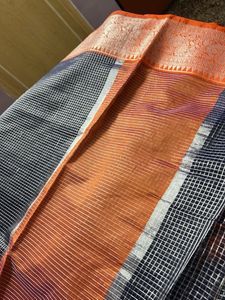 Navy Blue Checked Saree With Blouse