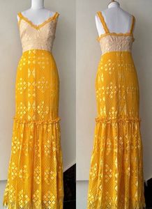 FOXIEDOXTwo-tone Crochet Maxi Gown In Yellow/ivory