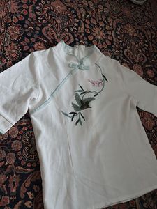Embroidered Mandarin Collar Top
