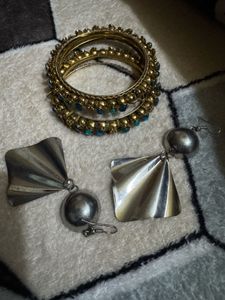 Statement Silver Tone Earrings and Blue stone bang