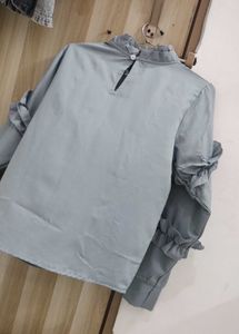 Blue Ruffled Long Sleeve Blouse