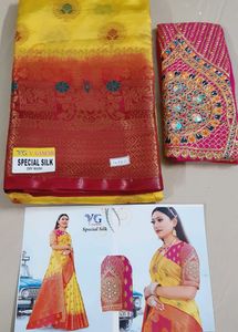 Beautiful Semi Silk Saree With Aari Work Blouse Material