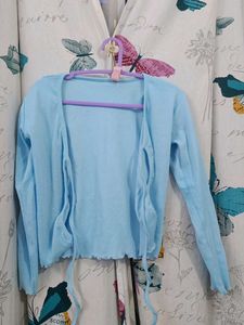 Blue Knit Open Cardigan / Shrug With Front Tie Up