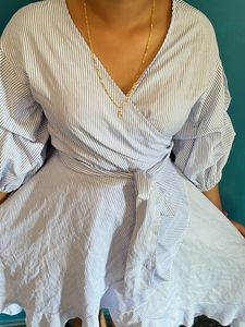 Striped Wrap Dress with Puff Sleeves