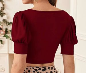 Burgundy Puff Sleeve Crop Top