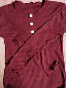 Ribbed Polyester Women&#39;s Maroon Top
