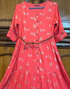 Coral Gown with Bird Print