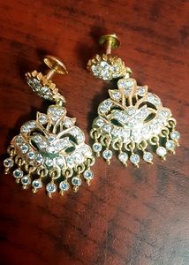 Gold Plated Designer Ethnic Chand Bali Drop Chandelier Earrings With CZ, LCT Crystals,Kundan, Polki &amp; Pearls for Women