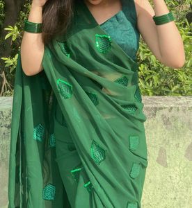 Green Saree With Stiched Blouse