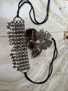 Trendy Mirror choker And Long Oxidise Jhumka