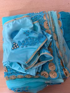 Teal & Gold Embellished Saree