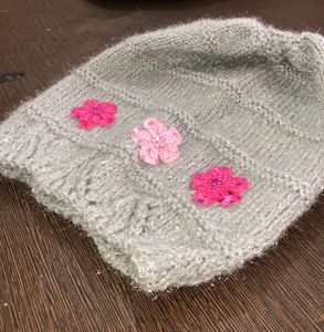 Handmade Designer Woolen Cap In Colour Grey With Pink Flowers 🌸✅