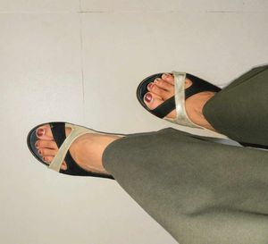 C.Regus Black &amp; Gold Slingback Heels