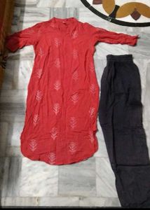 Red Kurta Black Cargo Style Pent