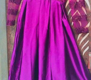 “Elegant Purple Silk Gown with Lace Sleeves