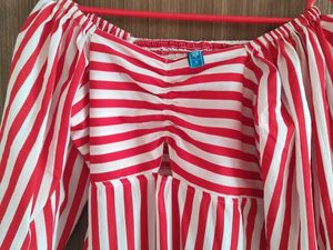 Red &amp; White Striped Puff Sleeve Maxi Dress