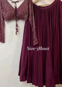 Maroon Embellished Crop Top and Skirt
