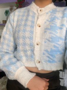 Blue Houndstooth Cropped Cardigan