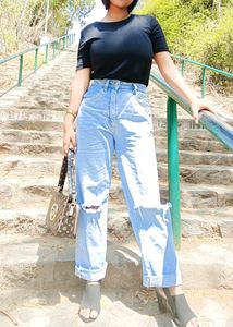 High Rise Light Blue Cotton Denim With Cuts