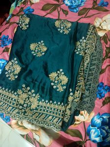 Elegant Teal & Gold Embroidered Saree
