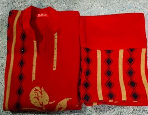 Red Floral Print Two-Piece Set Woollen