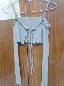 Gray Tie-Front Crop Top