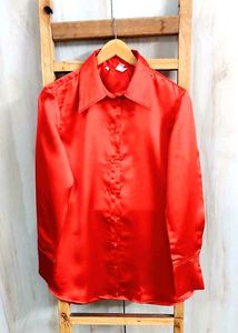 Red Satin Button-Down Shirt size-36-M