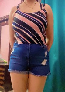 Striped Top &amp; Denim Shorts Set