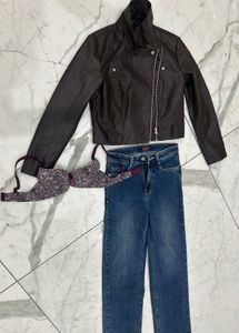 New Leather Jacket With Jeans, Bra