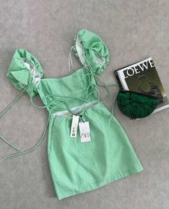 ZARA - Green Gingham Check Puff Sleeves Dress