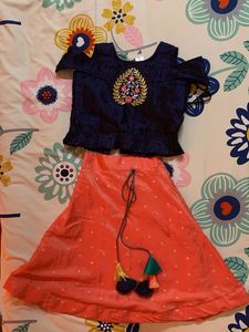 Girl's Pink Blue Lahenga 4-6 years without chunri