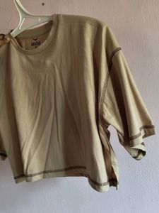 Cropped Beige Tee with Raw Hem
