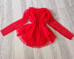 Red Tulle Long Sleeve Top