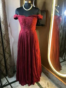 Lace Elegant Maroon Off-Shoulder Maxi Dress