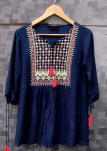 Embroidered Navy Blue Tunic Top