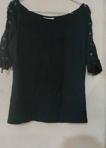 Black Lace-Up Sleeve Top/T Shirt